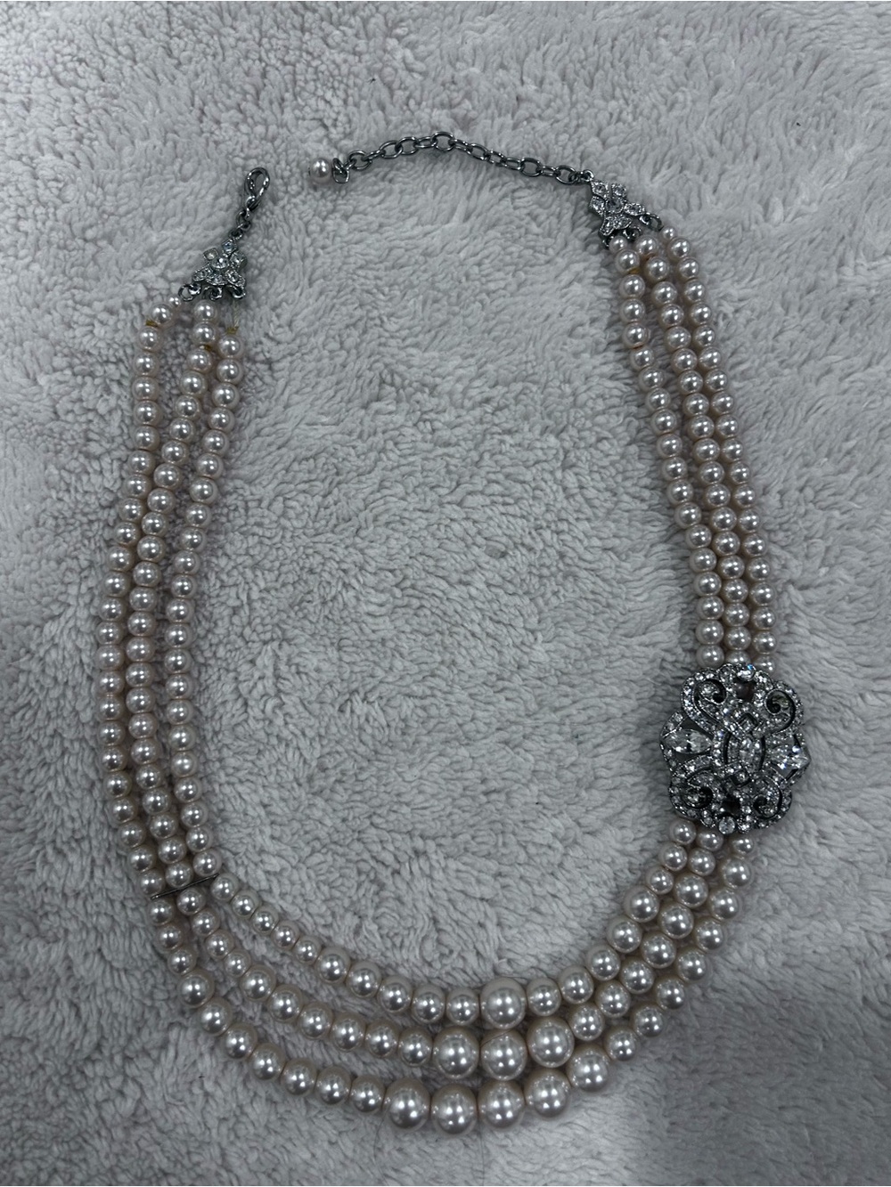 Classic Pearl Multi-Strand Necklace with Rhinestone Clasp - White